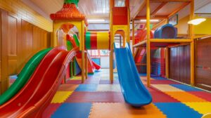 Blog 5 Indoor playground featuring colorful slides, climbing structures, and soft flooring, illustrating key elements for family entertainment center management and customer engagement strategies.