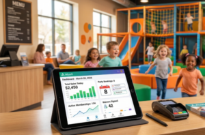 Blog 3 Tablet displaying performance metrics for play cafe management in foreground, with children playing in colorful indoor play area in background, illustrating family entertainment center operations.