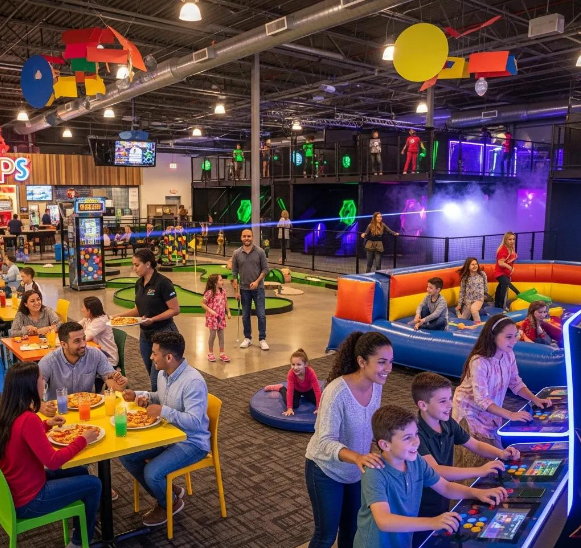 Families enjoying attractions at a modern Family Entertainment Center managed by Aluvii software.
